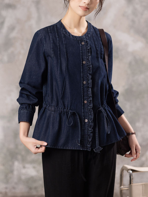 Bluza elegantă de damă cu guler rotund, bordură decorativă și șnur