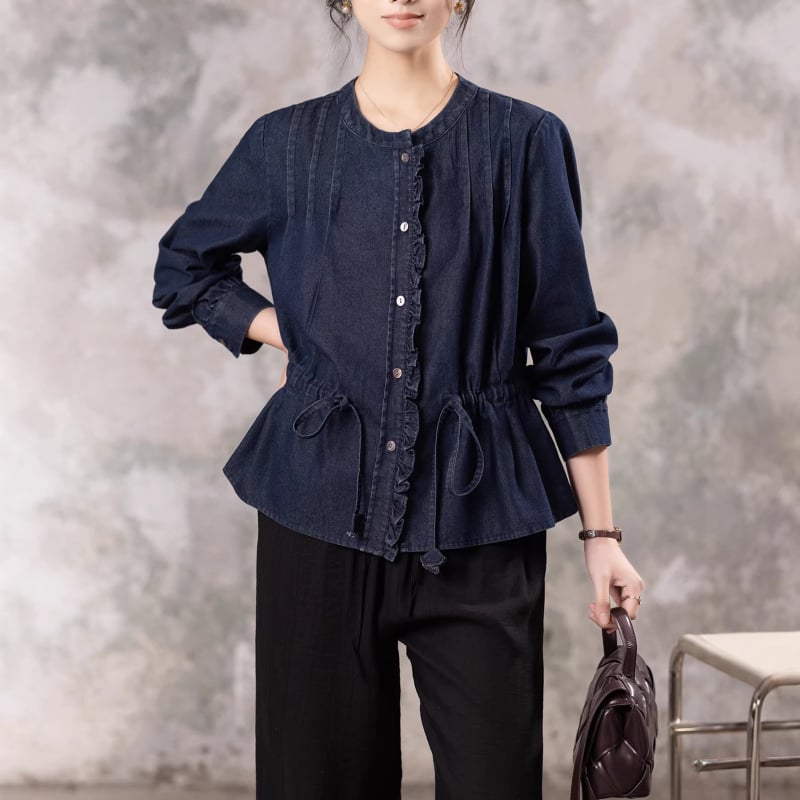 Bluza elegantă de damă cu guler rotund, bordură decorativă și șnur