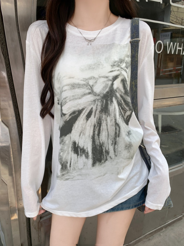 Xiyin 26S Tricou dama din bumbac 100% pentru toamnă, mânecă lungă, imprimeu subtil
