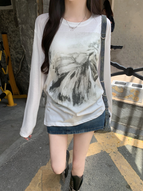 Xiyin 26S Tricou dama din bumbac 100% pentru toamnă, mânecă lungă, imprimeu subtil