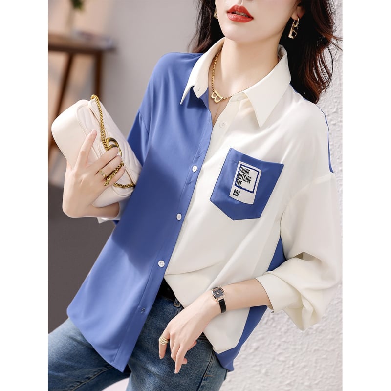 Cămașă feminină cu mâneci lungi, color-block, 2026 primăvară-toamnă, croială lejeră casual, stil chic.