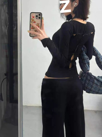 Top pentru femei cu două moduri de purtare, decupaj perforat, mâneci lungi, decolteu în V, oversize, viscoză, broderie