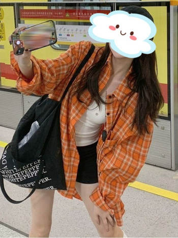 Cămașă cu mâneci lungi în carouri portocalii, stil american retro, primăvară-toamnă, croială lejeră casual, protecție solară, jacket pentru cupluri