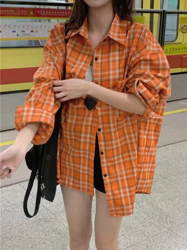 Cămașă cu mâneci lungi în carouri portocalii, stil american retro, primăvară-toamnă, croială lejeră casual, protecție solară, jacket pentru cupluri