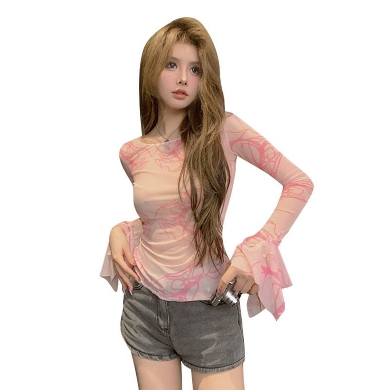 Tricou damă de primăvară, tie-dye, plasă transparentă, mâneci lungi, croială slim, guler rotund