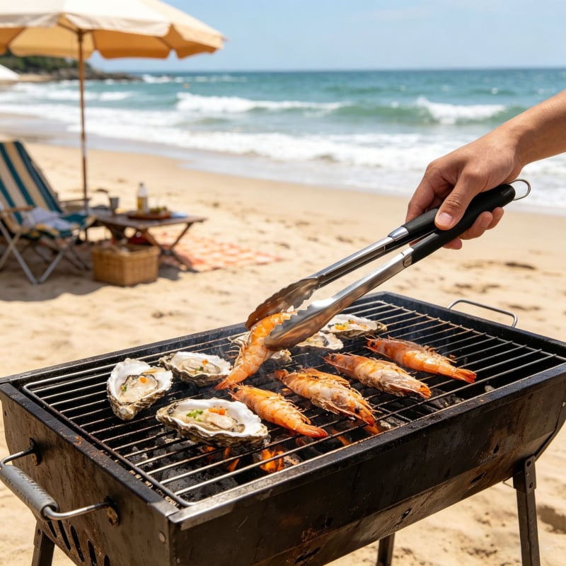 Set pentru grătar pentru camping în aer liber: perie pentru grătar, clește pentru grătar, furculiță și spatulă din oțel inoxidabil