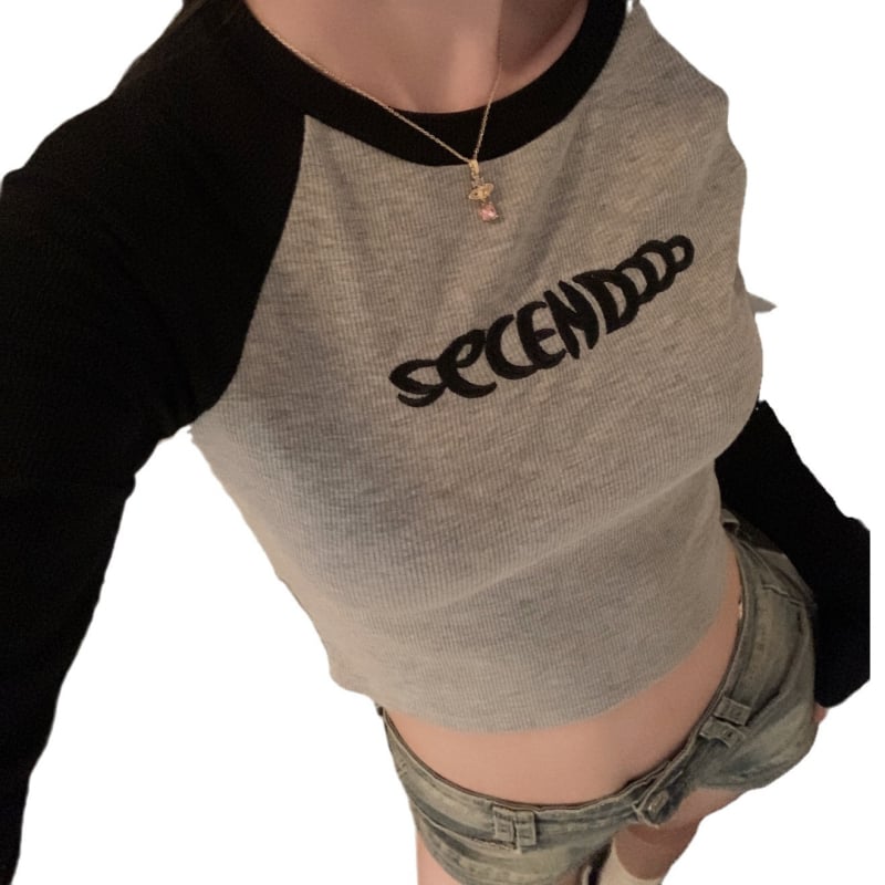 Tricou damă cu mânece lungi, broderie cu litere, slim fit, toamnă 2025, top scurt
