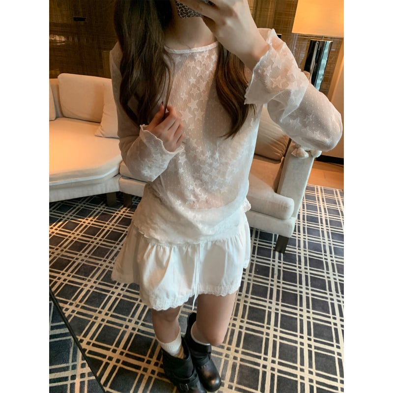 Top din dantelă transparent cu model stele, mâneci lungi, top de bază din plasă pentru primăvară
