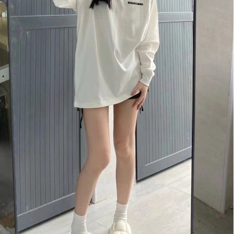 Tricou damă cu mâneci lungi din bumbac combed, cu șnur la bază, mărime plus, stil american retro High Street, croială lejeră