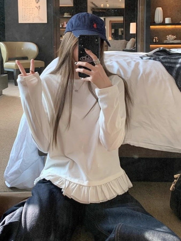 Tricou damă cu mânecă lungă, guler rotund și volane, stil proaspăt de toamnă, croială lejeră