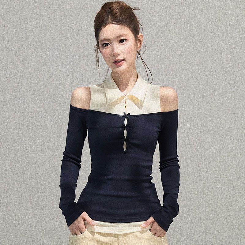 Tricou damă din bumbac, mâneci lungi, croială slim, guler polo, lungime scurtă, aspect de două piese