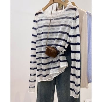 Top cu dungi, protecție solară, ușor transparent, margine rulată, croială lejeră, mâneci lungi, bluza‑T‑shirt pentru femei, toamnă.