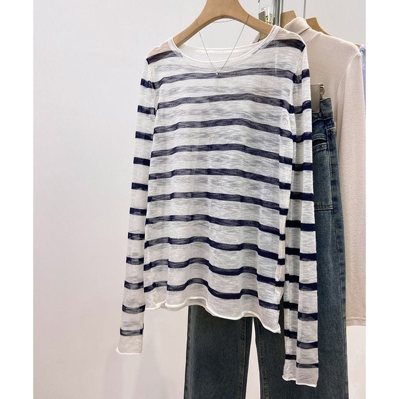 Top cu dungi, protecție solară, ușor transparent, margine rulată, croială lejeră, mâneci lungi, bluza‑T‑shirt pentru femei, toamnă.