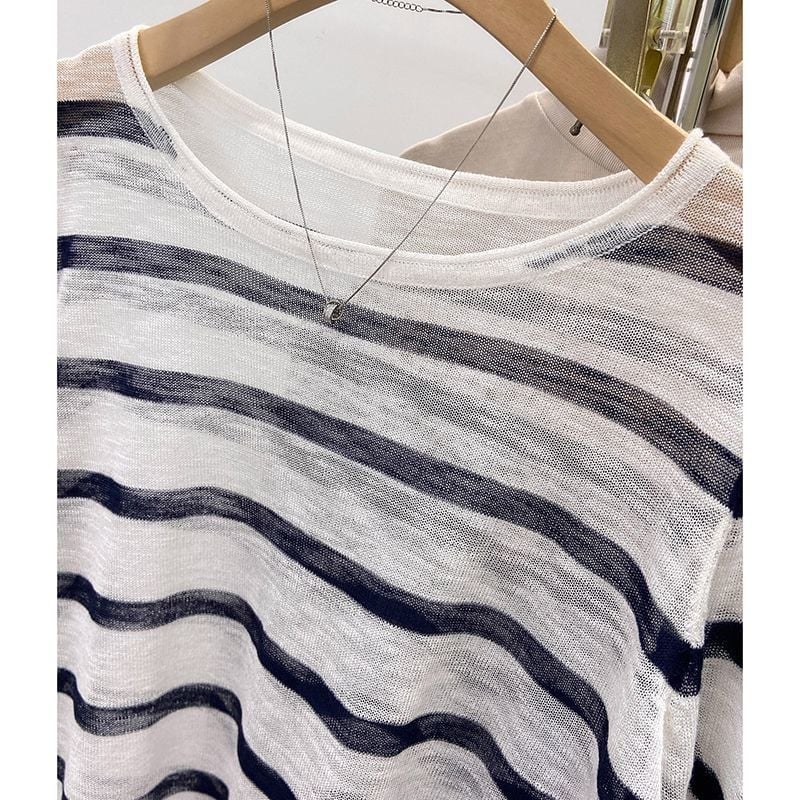 Top cu dungi, protecție solară, ușor transparent, margine rulată, croială lejeră, mâneci lungi, bluza‑T‑shirt pentru femei, toamnă.
