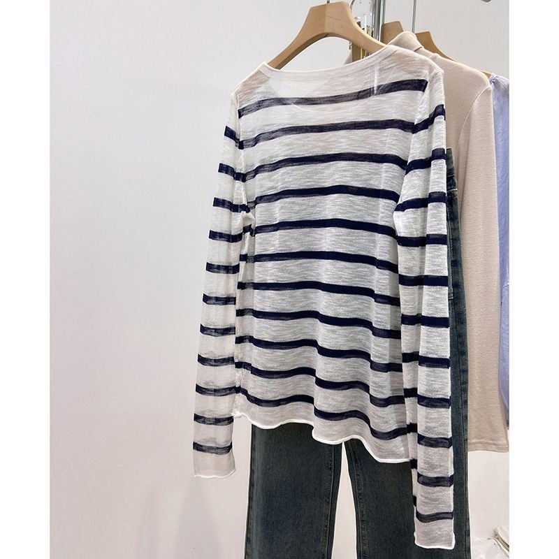 Top cu dungi, protecție solară, ușor transparent, margine rulată, croială lejeră, mâneci lungi, bluza‑T‑shirt pentru femei, toamnă.