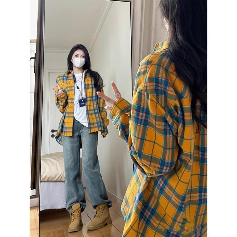 Sacou-cămașă în carouri pentru primăvară-toamnă, croială lejeră, mâneci lungi, stil coreean tineresc campus
