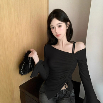 Top pentru femei cu umeri la vedere și șnur, mâneci lungi, croială neregulată, croială slim, top de bază pentru stratificare, stil inspirat Pure Desire