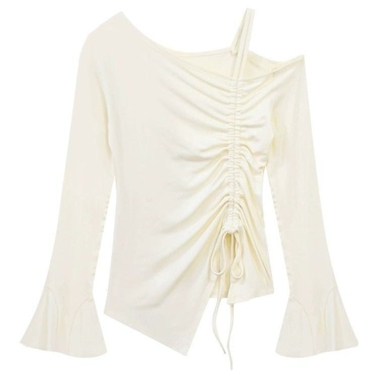 Top pentru femei cu umeri la vedere și șnur, mâneci lungi, croială neregulată, croială slim, top de bază pentru stratificare, stil inspirat Pure Desire