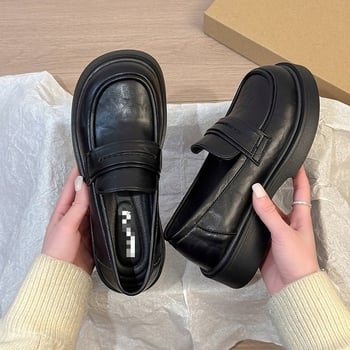Loafers negri din PU piele, stil britanic pentru femei, fără șireturi, primăvara 2026, pantofi de birou