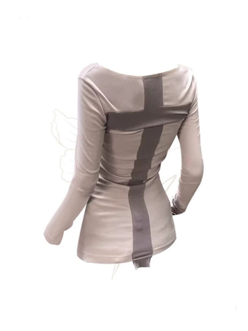 Tricou dama cu mânecă lungă, patchwork, croială slim, kaki, 260 g bumbac-modal amestec