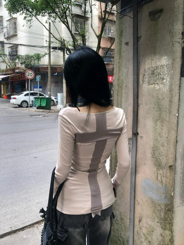 Tricou dama cu mânecă lungă, patchwork, croială slim, kaki, 260 g bumbac-modal amestec
