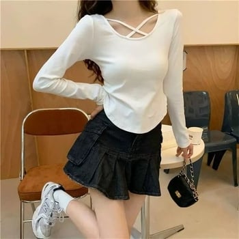 2026 Tricou damă cu mâneci lungi cropped, design încrucișat, croială slim, lungime scurtă, ideal pentru primăvară și toamnă