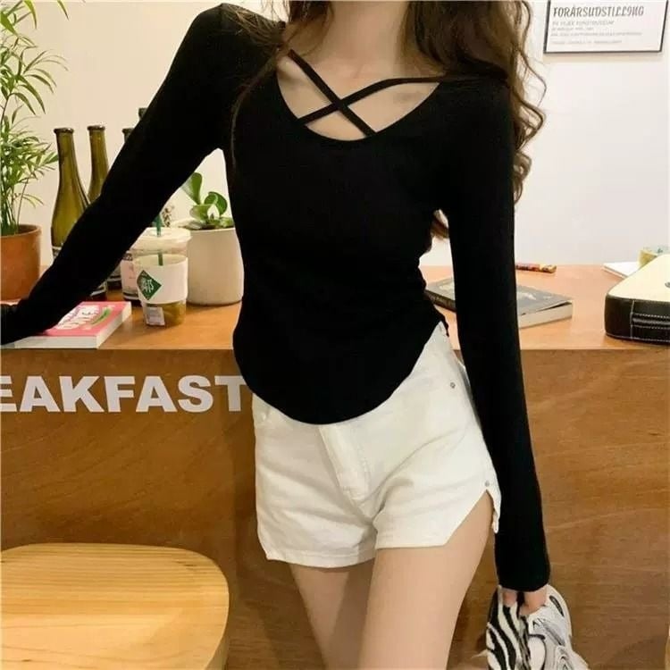 2026 Tricou damă cu mâneci lungi cropped, design încrucișat, croială slim, lungime scurtă, ideal pentru primăvară și toamnă