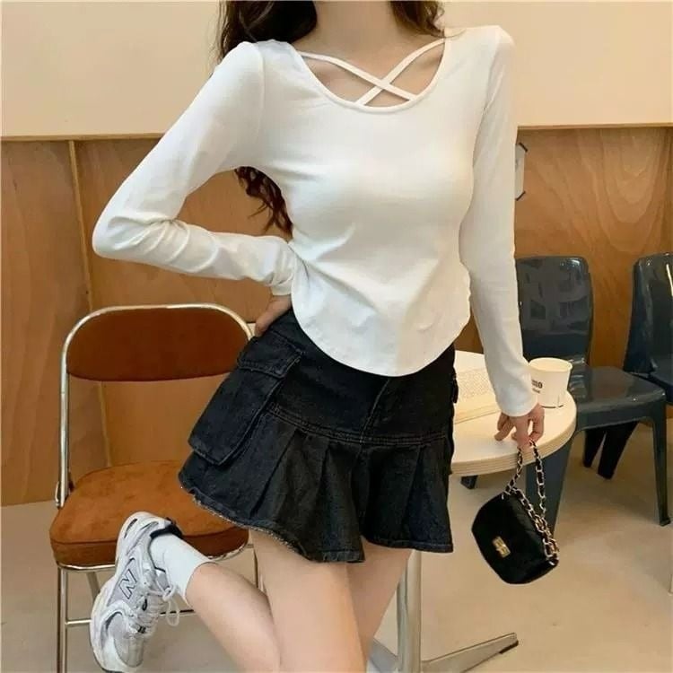 2026 Tricou damă cu mâneci lungi cropped, design încrucișat, croială slim, lungime scurtă, ideal pentru primăvară și toamnă