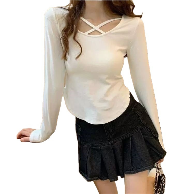 2026 Tricou damă cu mâneci lungi cropped, design încrucișat, croială slim, lungime scurtă, ideal pentru primăvară și toamnă