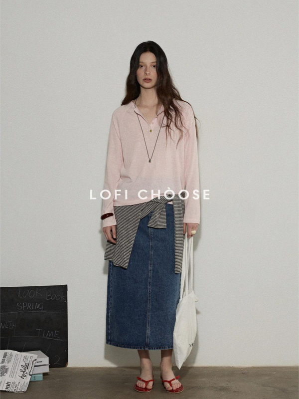 Lofi Chiose Tricou damă cu mânecă lungă, guler Henley, nasturi colorați și textură a materialului – design de primăvară