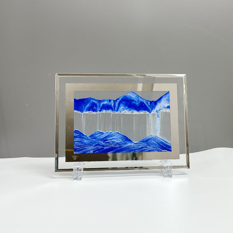 Pictură 3D cu nisip lichid, peisaj, clepsidră și oglindă pătrată – decor pentru sufragerie