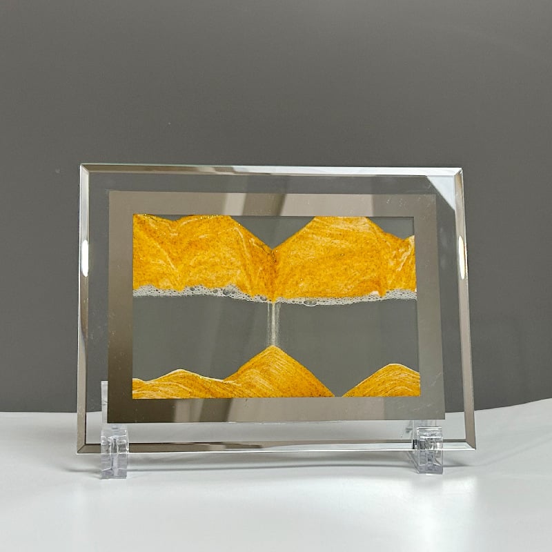 Pictură 3D cu nisip lichid, peisaj, clepsidră și oglindă pătrată – decor pentru sufragerie