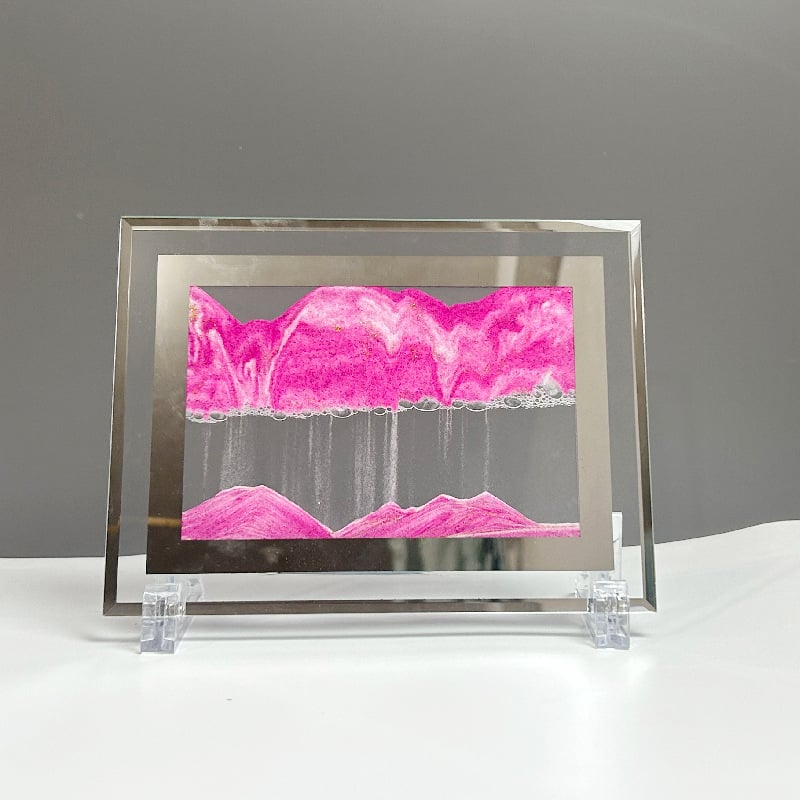 Pictură 3D cu nisip lichid, peisaj, clepsidră și oglindă pătrată – decor pentru sufragerie