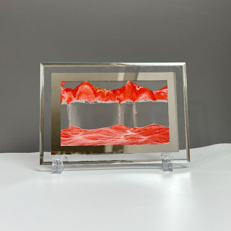 Pictură 3D cu nisip lichid, peisaj, clepsidră și oglindă pătrată – decor pentru sufragerie