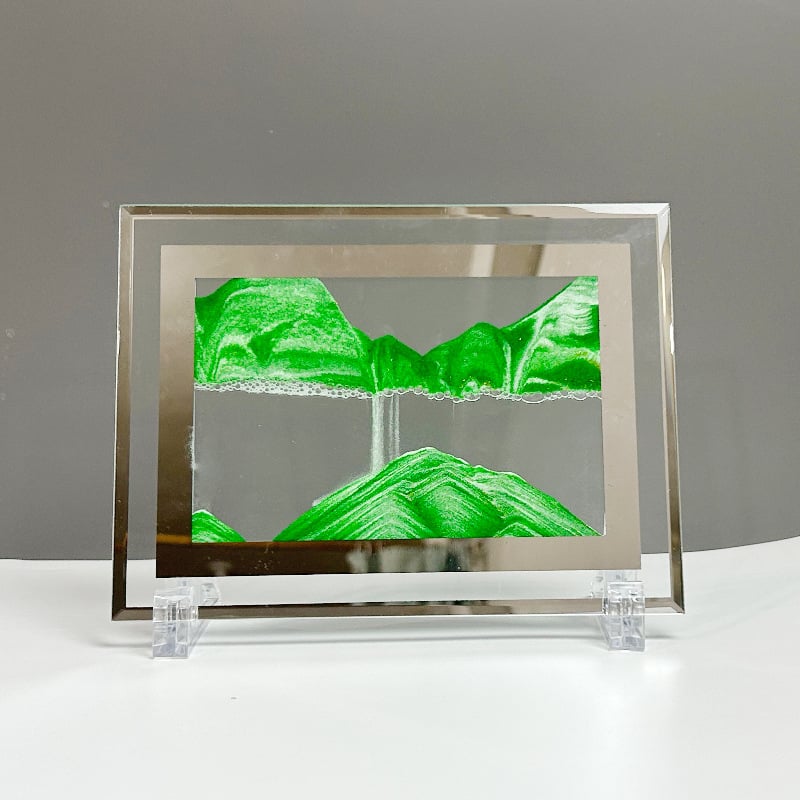 Pictură 3D cu nisip lichid, peisaj, clepsidră și oglindă pătrată – decor pentru sufragerie