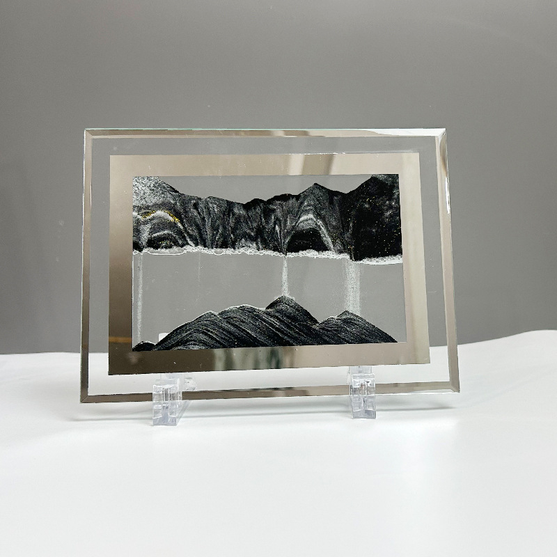 Pictură 3D cu nisip lichid, peisaj, clepsidră și oglindă pătrată – decor pentru sufragerie