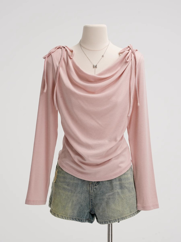 Tricou roz cu mâneci lungi pentru femei – primăvara 2025, croială Slim, guler tip leagăn, chic