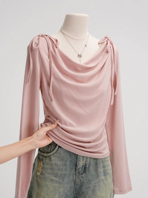 Tricou roz cu mâneci lungi pentru femei – primăvara 2025, croială Slim, guler tip leagăn, chic