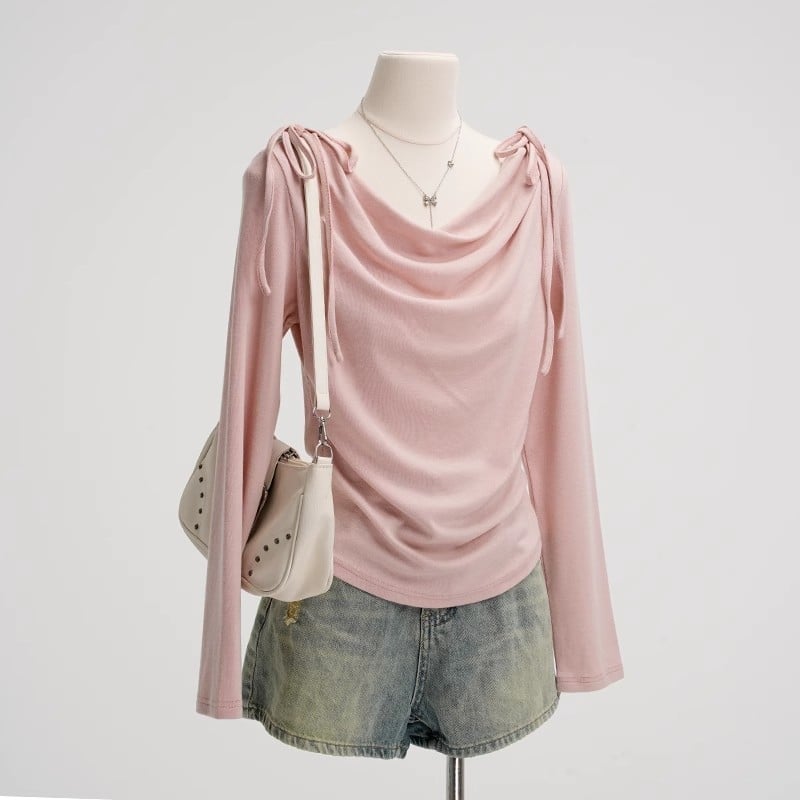 Tricou roz cu mâneci lungi pentru femei – primăvara 2025, croială Slim, guler tip leagăn, chic