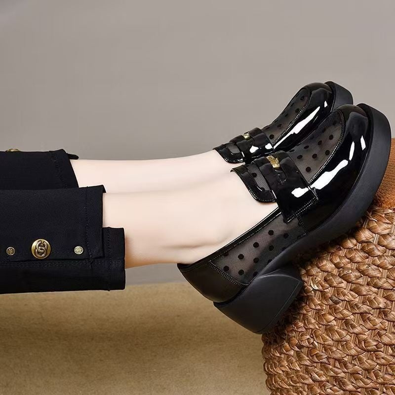 Loafers dama vară cu plasă și buline, piele PU lucioasă, toc pătrat mediu, respirabili pentru birou și timp liber