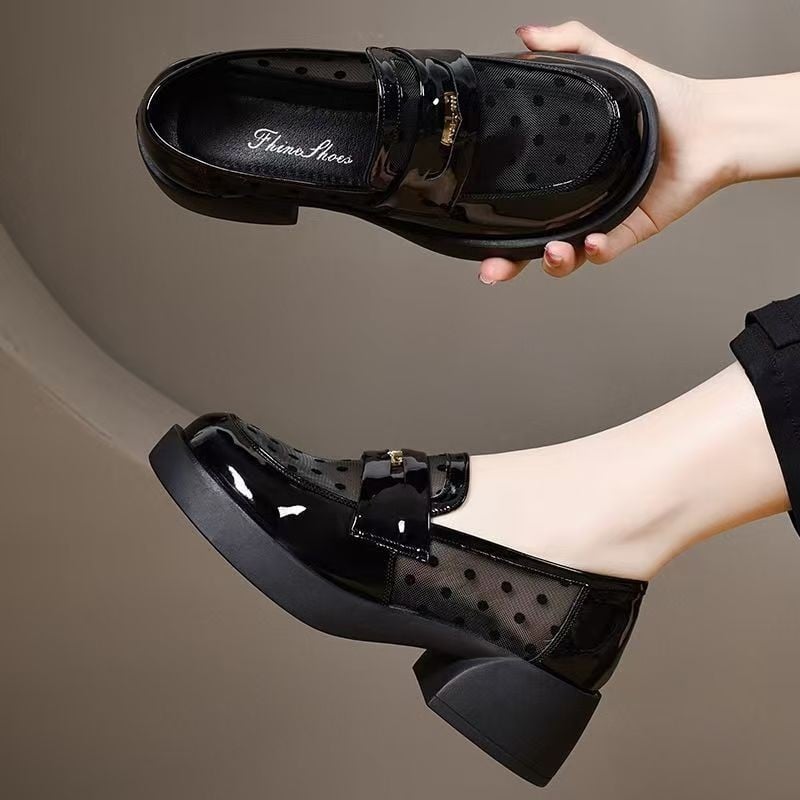Loafers dama vară cu plasă și buline, piele PU lucioasă, toc pătrat mediu, respirabili pentru birou și timp liber