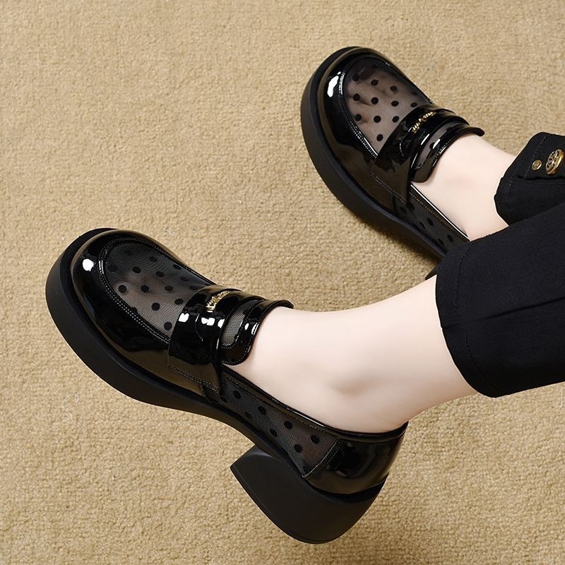 Loafers dama vară cu plasă și buline, piele PU lucioasă, toc pătrat mediu, respirabili pentru birou și timp liber