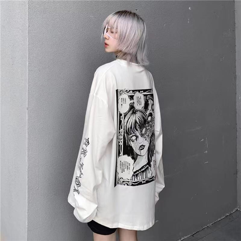 Tricou alb cu mânecă lungi, stil coreean Harajuku, imprimeu gotic, croială lejeră