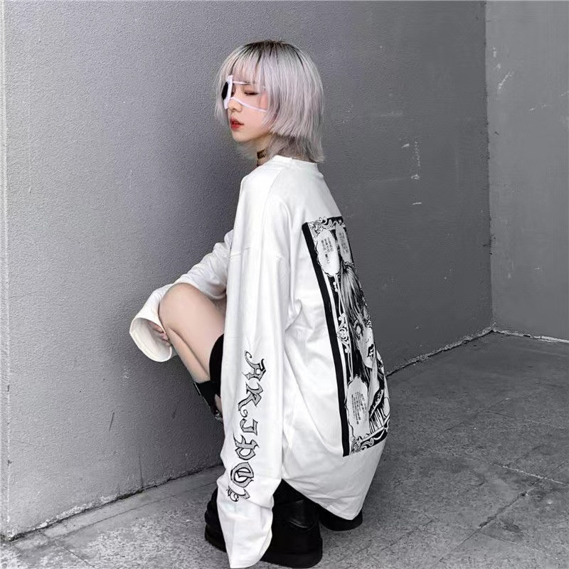 Tricou alb cu mânecă lungi, stil coreean Harajuku, imprimeu gotic, croială lejeră