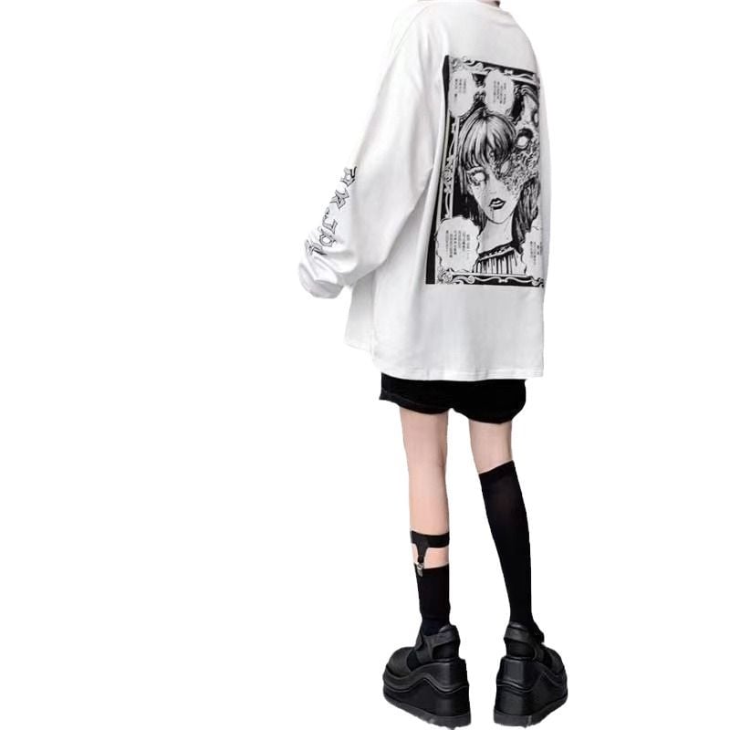Tricou alb cu mânecă lungi, stil coreean Harajuku, imprimeu gotic, croială lejeră
