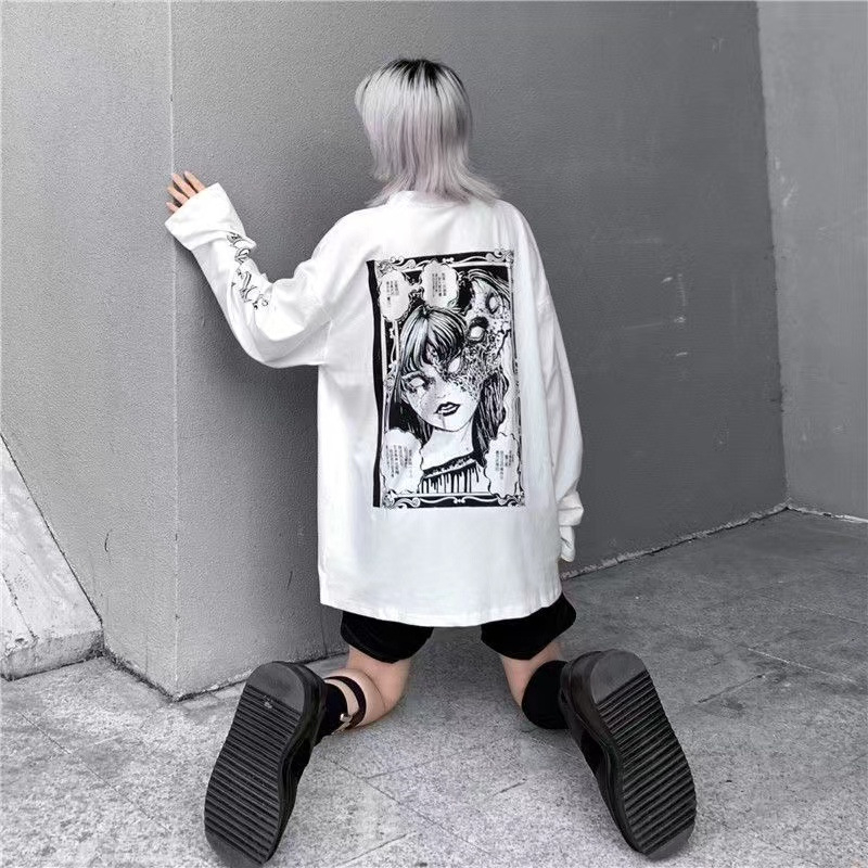 Tricou alb cu mânecă lungi, stil coreean Harajuku, imprimeu gotic, croială lejeră
