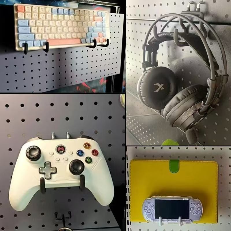 Suport multifuncțional cu cârlige pentru controllere de joc, suport pentru iPad/tabletă și spațiu de depozitare pentru căști esports pe tablă perforată