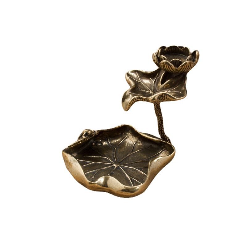 Aranjament din alamă pură cu frunză de lotus și flux invers de fum, suport pentru parfum cu broscă lotus, decor pentru casă