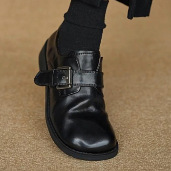 Loafers pentru femei, stil britanic, cu cataramă, negri, vârf rotund, toc gros, slip-on