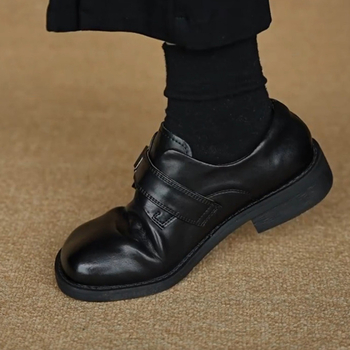 Loafers pentru femei, stil britanic, cu cataramă, negri, vârf rotund, toc gros, slip-on